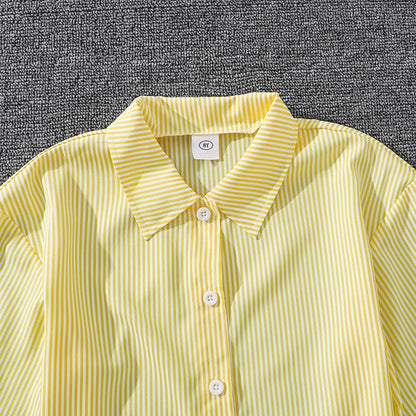 Spring Hot Sale Kids Outfit 4-12 Years Girls Striped Long Sleeve Chemise + Casual Loose Straight Leg Pants Shirt Suit 2Pcs Set.