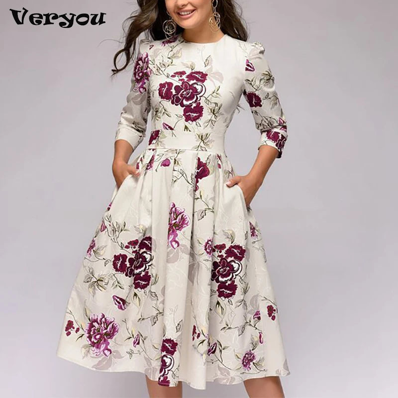 2023 frühling AutumnOffice Dame Knie Länge Elegante Vintage Langarm Party Kleider Frauen Floral Bedruckte Kleid Neue.