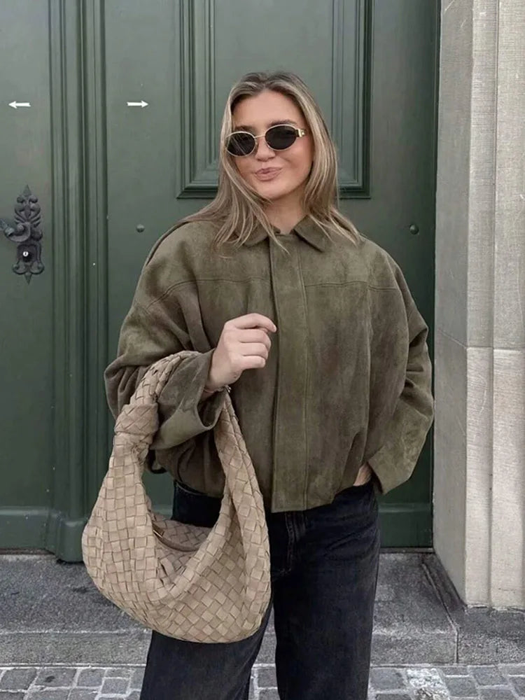 TRAFZA Damen-Jacke mit Wildleder-Textur, High Street, lange Ärmel, Umlegekragen, elastischer Reißverschluss, Knopfleiste, solider, trendiger Frühlingsmantel.