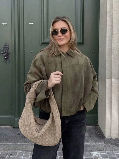 TRAFZA Damen-Jacke mit Wildleder-Textur, High Street, lange Ärmel, Umlegekragen, elastischer Reißverschluss, Knopfleiste, solider, trendiger Frühlingsmantel.