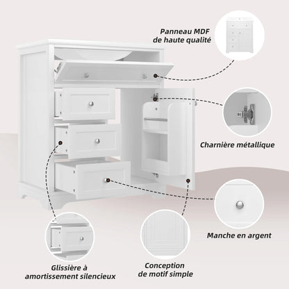76 x 46 x 87 cm große Badezimmertheke, geräuscharme Schubladenführung, Klappschublade, Keramikwaschbecken, Keramikwaschmaschine, Weiß
