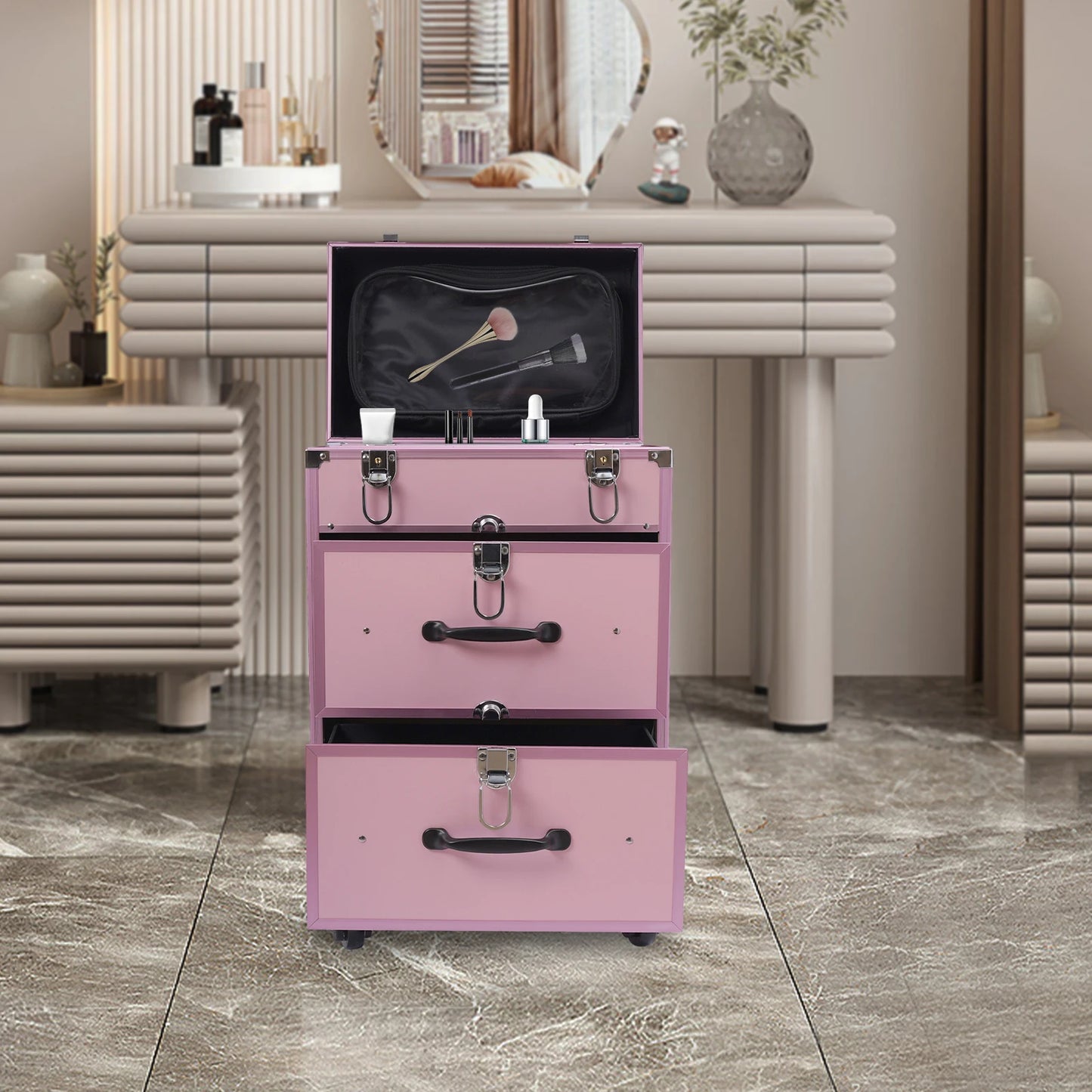 3 in 1 Rolling Makeup Case with Drawer, Large Makeup Case Organizers, Profesional Cosmetic Case for Salon Barber, Light Pink.