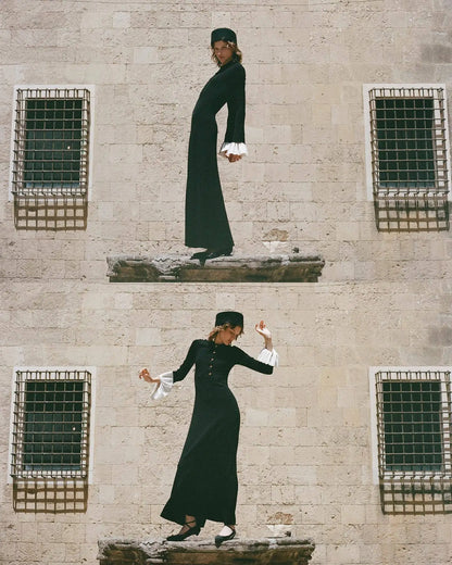 Tossy Weibliche Rüschen Strickwaren Langes Kleid Mode Patchwork Schlank Kontrast Revers Casual Party Kleid Kleid frauen Stricken Maxi Kleid.