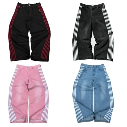 Y2K Baggy Jeans high quality Embroidered Striped Harajuku Sweatpants men women Hip Hop streetwear Casual wide leg Denim Pants.