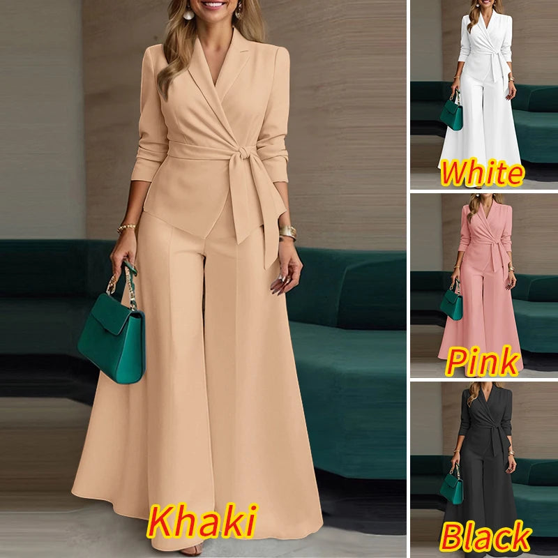 ZANZEA Elegant 2 Pieces Pant Sets Long Sleeve Belted Lightweight Blazer & Wide Leg Pant 2pcs Suits Office Lady Commuting Sets.