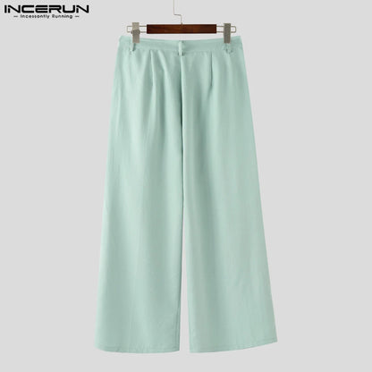INCERUN Summer Men's Sets Solid Color Sleeveless Tops Tee Buttons Summer Long Pants Male Two-piece Suits Streetwear 2PCS S-5XL