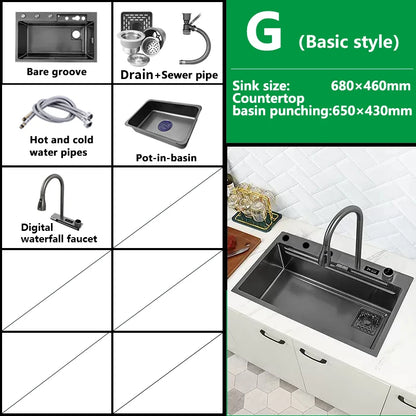 Waterfall Sink Kitchen Stainless Steel Topmount Sink Large Single Slot Wash Basin With Multifunction Touch Waterfall Faucet