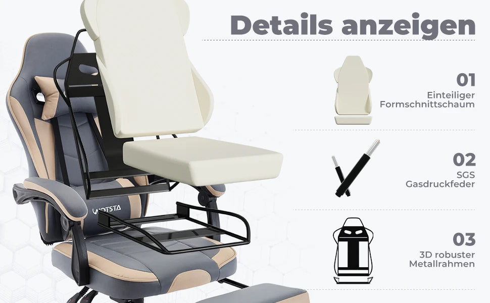 WOTSTA Gaming-Stuhl mit Fußstütze, Gamer-Stühle, ergonomisch, mit Lendenkissen, Kopfstützenstuhl, höhenverstellbarer Computerstuhl