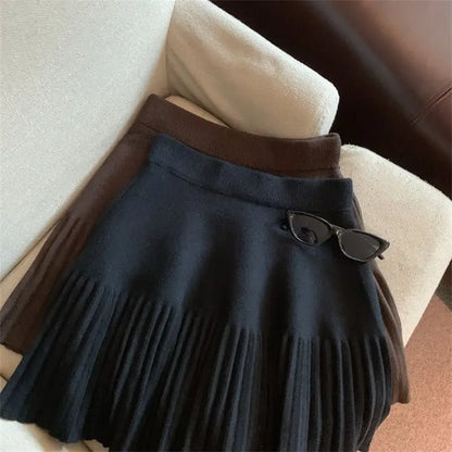 Pleated Mini Skirts Korean Sweet Knitted Skirts Sweet Elastic Waist Ladies Casual Youthful For Women's Clothes Solid Fashion New.