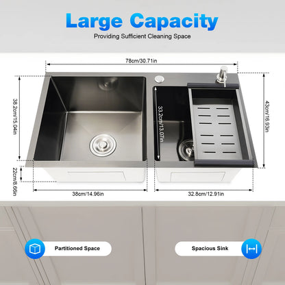 Doppelschüssel-Küchenspüle aus Edelstahl 304, nanobeschichtetes modernes Spülbecken mit Seifenspender und Abflussset, 3 Befestigungsmöglichkeiten