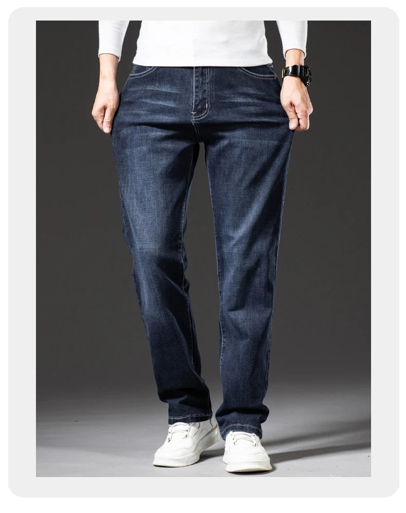Große Größe 40, 42, 44, 46, lockere, gerade Jeans für Herren, Herbst, neue Business-Casual-Stretchhose, klassische blaue Denim-Hose für Herren