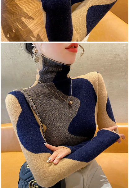 Women Clothing Vintage Fashion Slim Turtleneck Sweaters Autumn Winter Elegant Chic Patchwork Knit Pullovers Office Lady Tops.