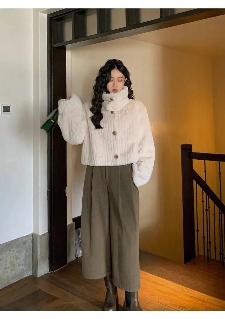 2025 Winter Fashion Stand Collar Warm Plush Short Jacket Women Autumn Retro Street Thickened Loose Harajuku Casual Short Jacket