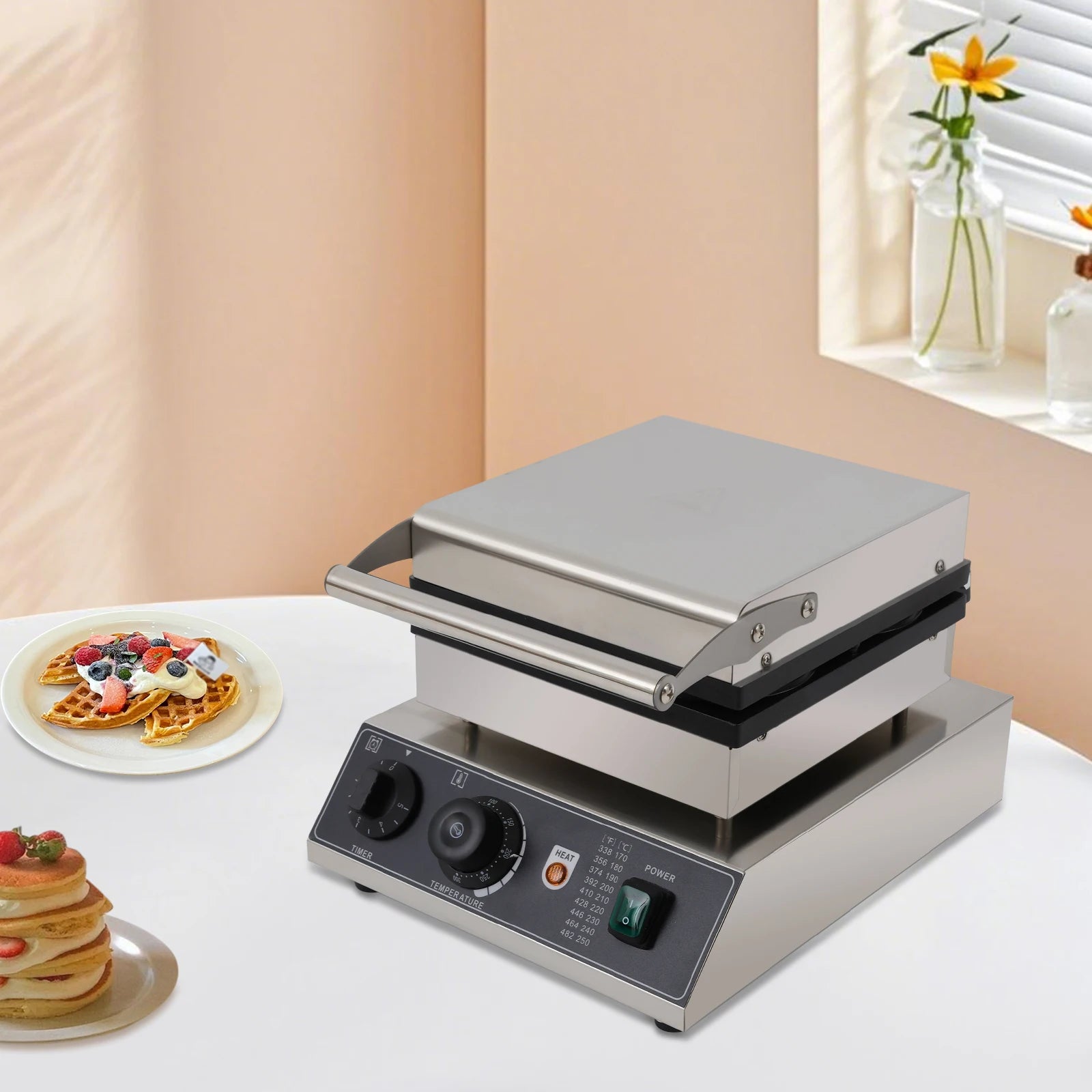 1750W Round Grid Non-Stick Waffle Maker 220V Temperature Adjustable Stainless Steel Waffle Baker Machine for Home Dessert Stores.