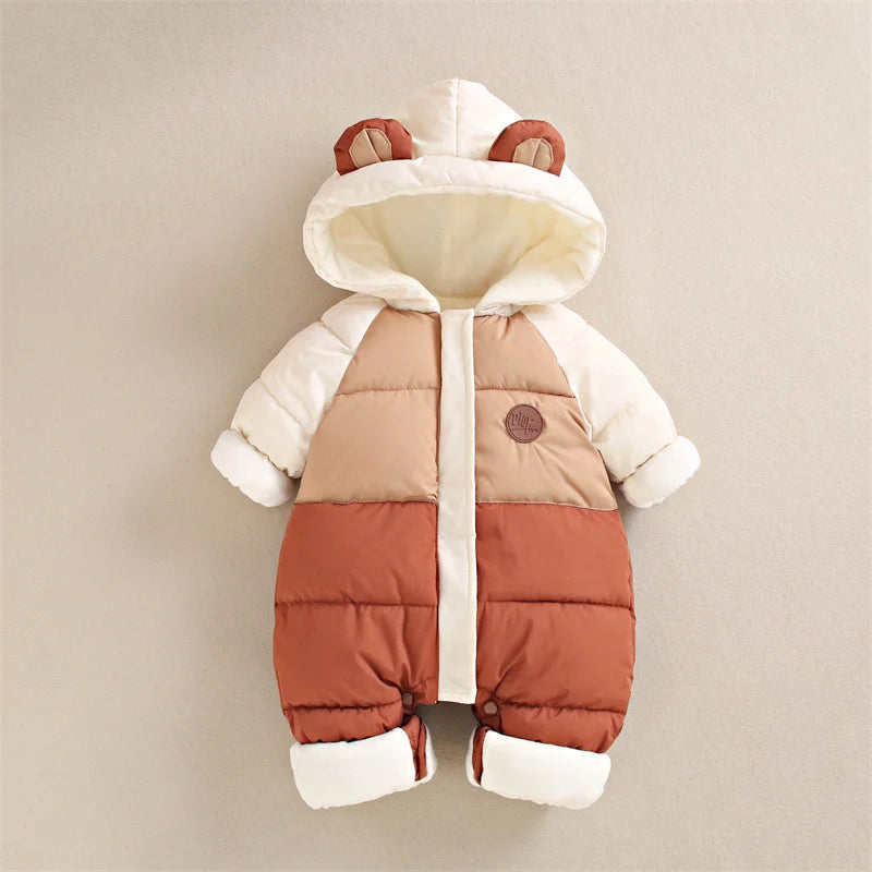 Neue Baby Gepolsterte Warme Strampler Winter Jungen Mädchen Dicke Plus Samt Overalls Winddicht Mit Kapuze Overalls Schneeanzug Einteiliger Body.