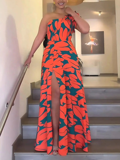 Elegante lange Damenkleider mit Blumenmuster, lässig, trägerlos, A-Linien-Kleider, seitlicher Schlitz für Damen, Sommer.