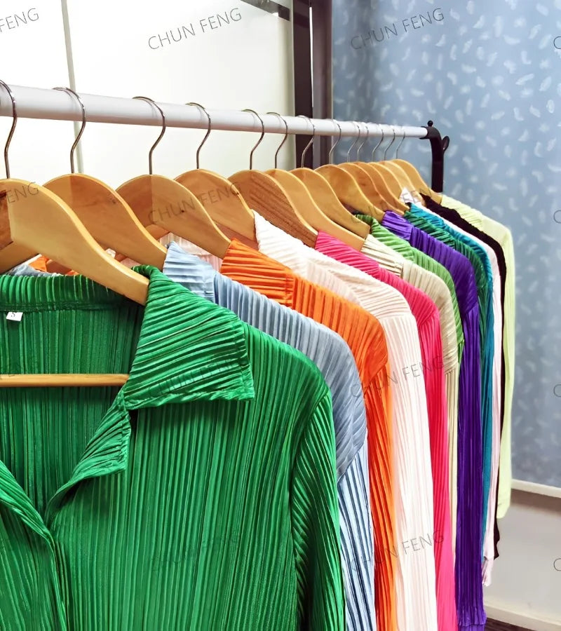 2024 Spring Autumn Women's New Solid Color Button Shirt Long Sleeve Drop Feel Loose Soft Wrinkle Casual Two Piece Set.