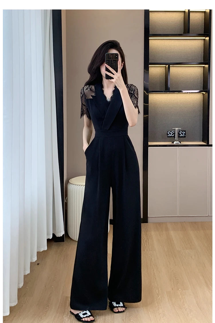 LYX High-Cold Lady Style Romper Women Summer Short Sleeve High Waist Lace Splicing Hollow out One-Piece Straight Leg Pants.