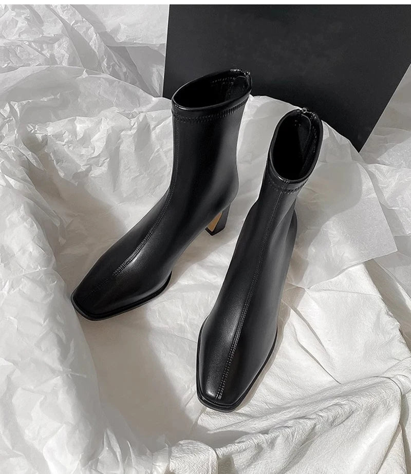 Vintage Warm Cotton Women Ankle Boots Fashion Elegant Square Toe Shoes Autumn Winter Thick Heel Women's Short Booties.