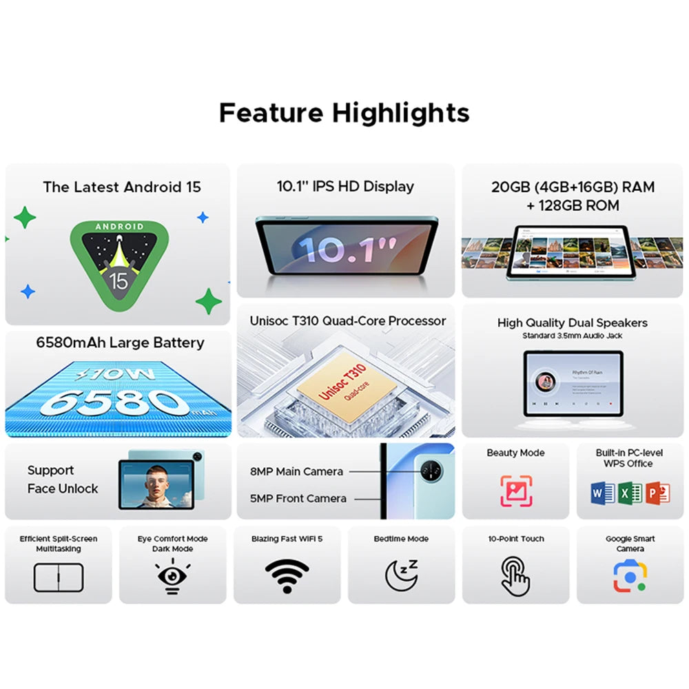 DOOGEE Tab A9 Pro Tablet 10.1" HD Display Android 15 20GB(4+16) 128GB 6580mAh Large Battery Dual Speakers Pad PC 2 In 1 Tablet.