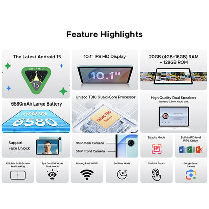 DOOGEE Tab A9 Pro Tablet 10.1" HD Display Android 15 20GB(4+16) 128GB 6580mAh Large Battery Dual Speakers Pad PC 2 In 1 Tablet.