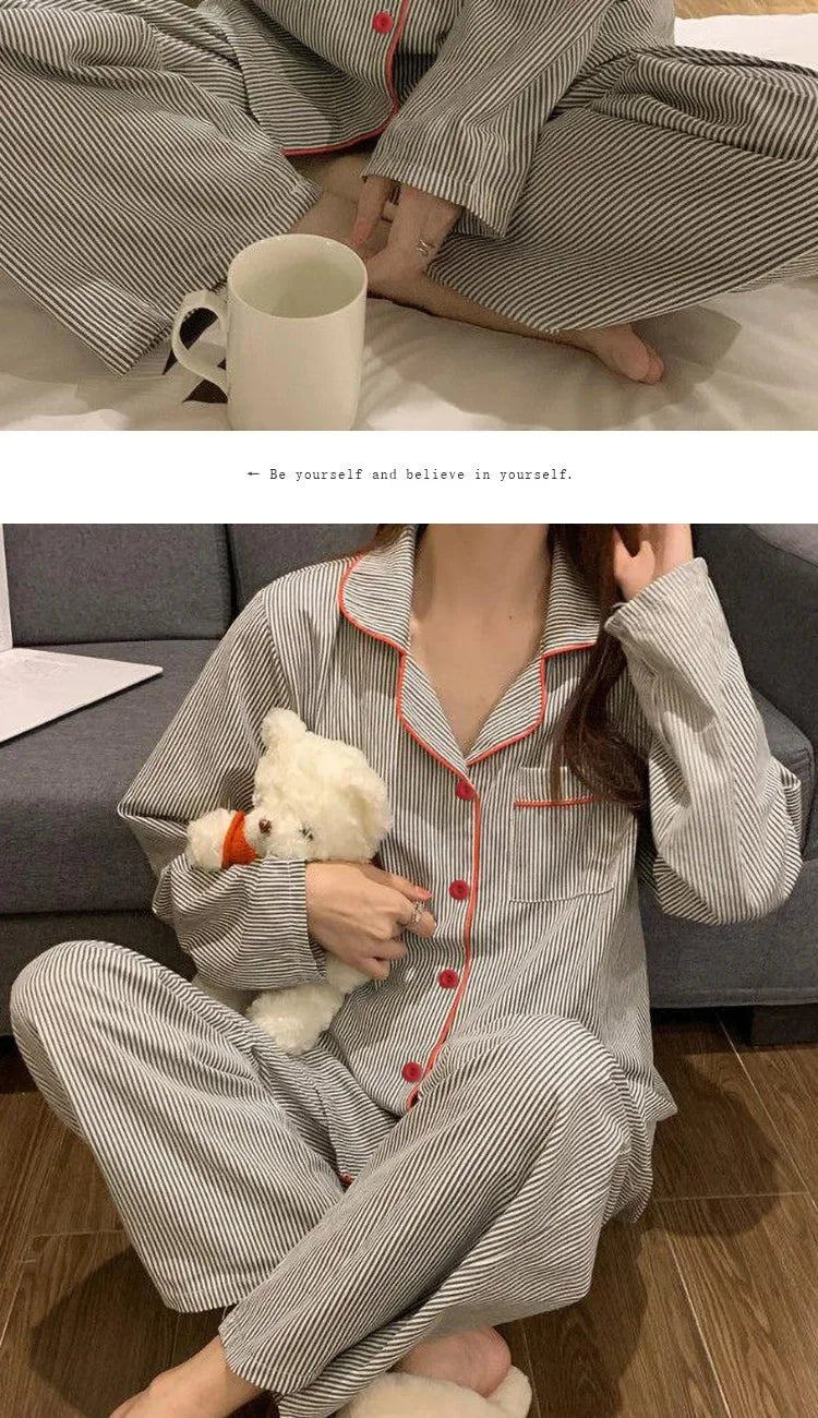 2 Teile/satz frauen Langarm Lose Atmungs Student Nachtwäsche Loungewear Strickjacke Grau Gestreiften Mädchen Mode Pyjamas Homewear.