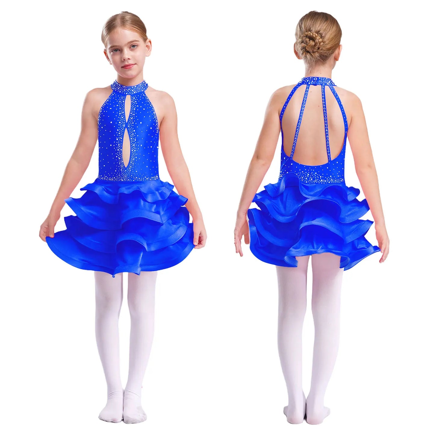 Eiskunstlauf-Kostüm für Teenager-Mädchen, lateinamerikanischer Tanz, Cha-Cha, Tango, Performance-Tanzbekleidung, ärmelloses, gestuftes Kleid mit Strasssteinen