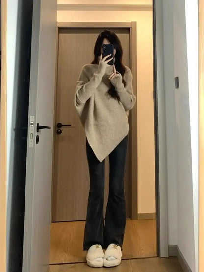 Herbst Winter Neue Frauen Pullover Koreanische Mode Chic Casual Rollkragen Solide Asymmetr Lose Batwing Hülse Pullover Gestrickte Tops.