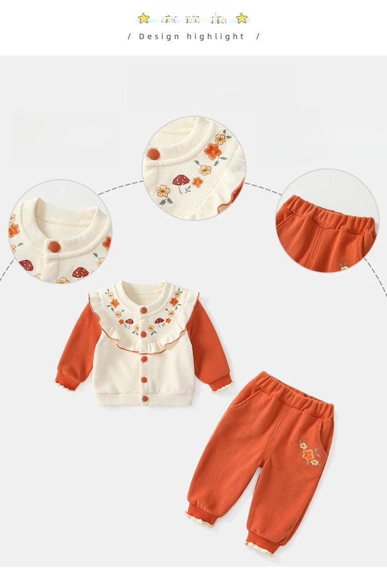 Kawaii Baby Mädchen Kleidung Pilz Sets Herbst Infant Rüschen Kragen Langarm Top Hosen Zwei-Stück Neugeborenen Baumwolle Outfit.