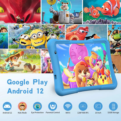 PRITOM 10 inch kids Android tablet, 4GB(2+2)+32GB, Quad Core, 6000 mAh, WiFi 6, Dual Camera, Bluetooth, Toddler Tablet.