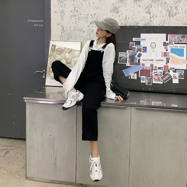 Jumpsuits Women Solid Retro Japanese Style Streetwear Denim Suspenders Trousers Harajuku Stylish Hip Hop Straight Overalls Teens.