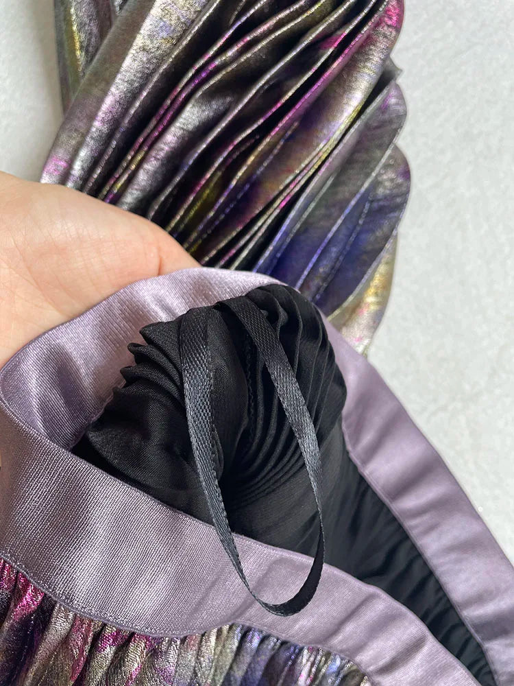 Shiny Colorful Luxury High Waist Metallic Pleated Midi Skirt 2025 Fashion Trends Elastic Waistband Pleated Skirt Old Money Style.