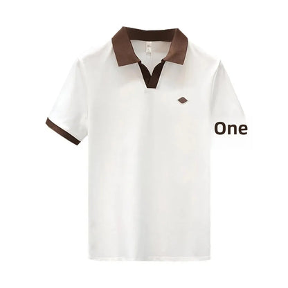 Men's Casual Polo Shirt Collared Short Sleeve Pique Cotton Breathable V-Neck Color Block Half Sleeve Summer Loose Top.