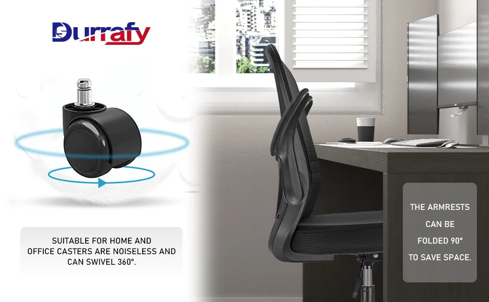 Durrafy Ergonomischer Bürostuhl, Schreibtischstuhl mit verstellbaren Armlehnen, Gaming-Stuhl, Netz-Bürostühle, Schwarz