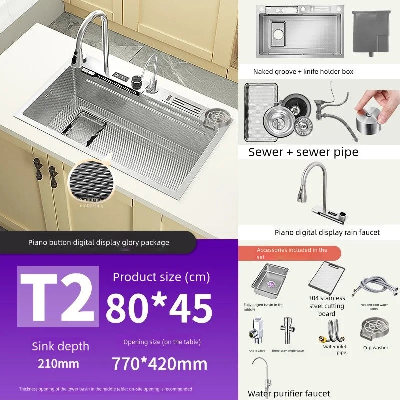 Kitchen Sink Stainless Steel Waterfall Wash Dish Vegetables Basin Multifunctional Smart Digital Display Screen Large Single Slot