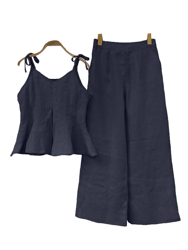 ZANZEA Women Stylish 2 Pieces Pant Sets Spaghetti Straps V-Neck Ruffled Camisole Tops & Wide Leg Pants 2pcs Suits Woman Outfits