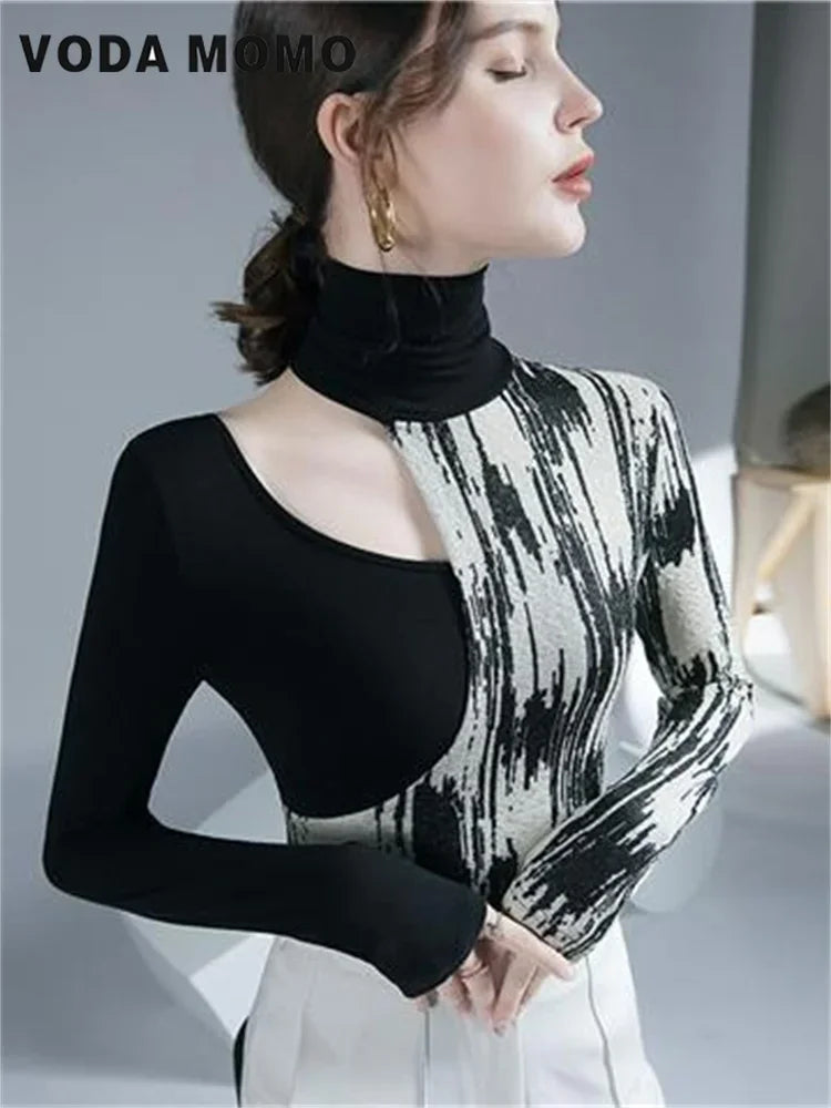 Women Design sense Printing Hollow Out Pullovers Elegant Slim Top Spring Autumn 2024 New Turtleneck Long Sleeve Fashion T-Shirts