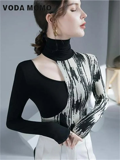 Women Design sense Printing Hollow Out Pullovers Elegant Slim Top Spring Autumn 2024 New Turtleneck Long Sleeve Fashion T-Shirts