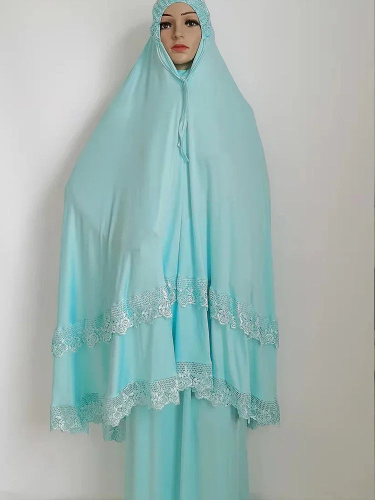Ramadan  Long Khimar Muslim Abaya Women Prayer Garment Saudi Prayer Dress Lace Trim Silky 2 Piece Skirt Sets Eid Niqab jilbab