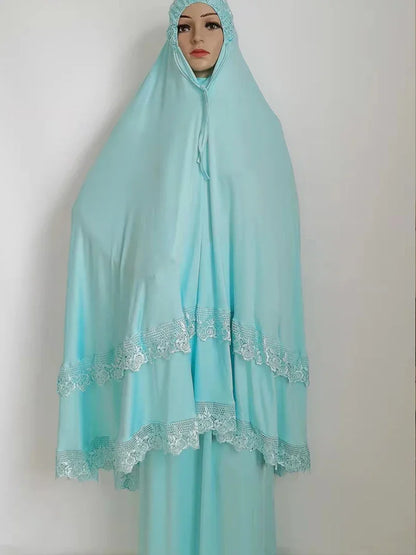Ramadan  Long Khimar Muslim Abaya Women Prayer Garment Saudi Prayer Dress Lace Trim Silky 2 Piece Skirt Sets Eid Niqab jilbab