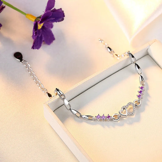 New 925 Sterling Silver Bracelet Purple Crystal Zircon Heart For Woman Charm Bracelet Jewelry Gift.