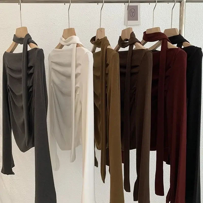 Elegant Long Sleeve Neck Hanging Sash Slim Fit T-Shirt Women's Red Black Other Pure Color Pleated Chic One Shoulder Top.