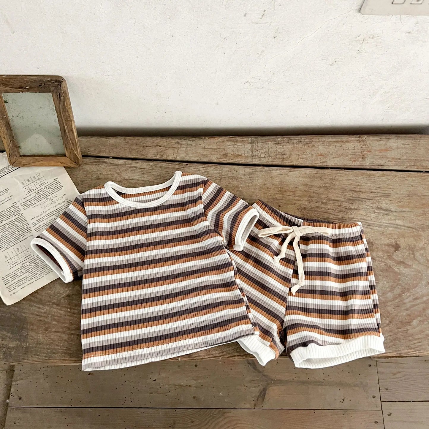 Korean Version Summer Kids Baby Girls Boys Short Sleeve Striped Top Tees +shorts Pants Infant Cute Pure Cotton Clothing Set