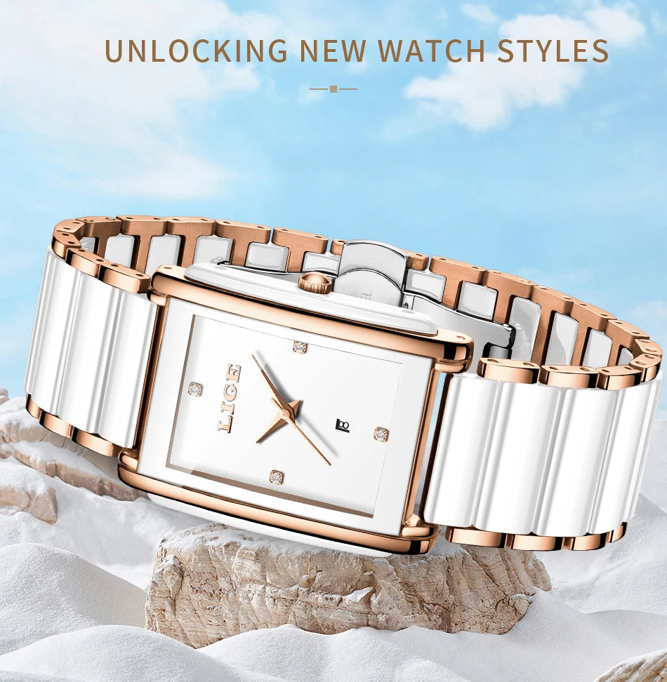 LIGE Fashion Square Quartz Woman Watches Ceramics Elegant Simple Diamond Auto Date Romantic Birthday Gift Leisure Wristwatch New.