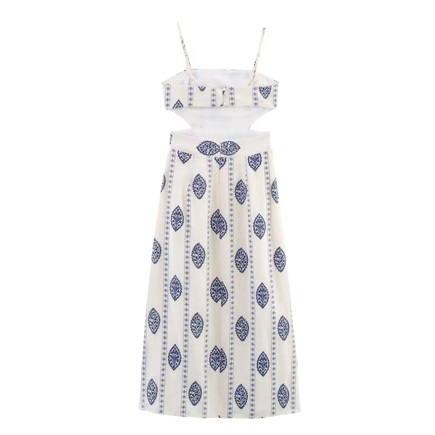 ZBZA Frauen Sexy Gedruckt Rohr Schlinge Lange Kleider Retro Taille Hohl Ärmelloses Abend Dünnes Kleid Weibliche Sommer Chic Street Party.