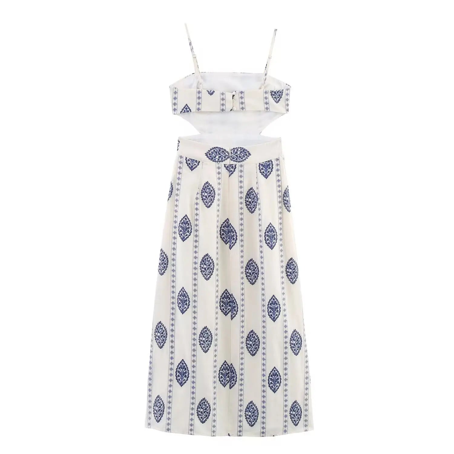 ZBZA Frauen Sexy Gedruckt Rohr Schlinge Lange Kleider Retro Taille Hohl Ärmelloses Abend Dünnes Kleid Weibliche Sommer Chic Street Party.