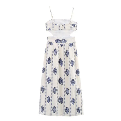 ZBZA Frauen Sexy Gedruckt Rohr Schlinge Lange Kleider Retro Taille Hohl Ärmelloses Abend Dünnes Kleid Weibliche Sommer Chic Street Party.