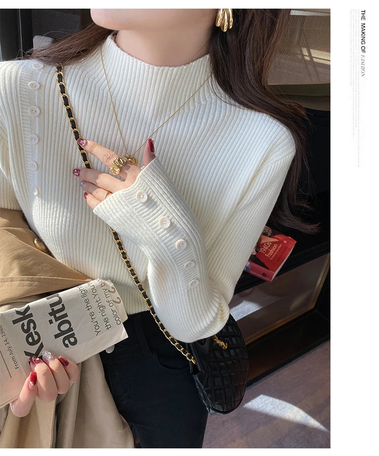 Langarm Beiläufige Dünne Pullover Mode Taste Grundlegende Gestrickte Tops Frauen Rollkragenpullover Koreanische Mode Einfache Chic Kleidung.