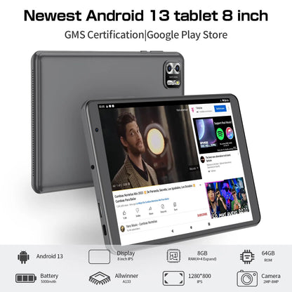 PRITOM 8 Inch Tablet Android 13, 8GB(4+4 Expand) RAM 64GB ROM,1TB Expand,1280x800 IPS Screen 5000MAH Battery,Dual Camera, WiFi.