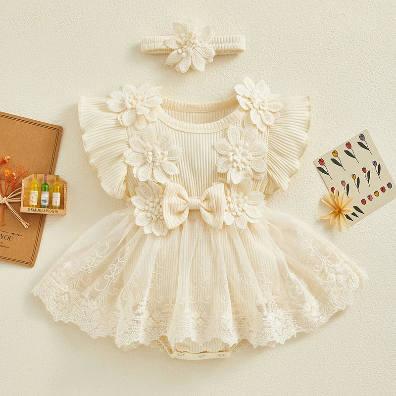 Visgogo Neugeborenen Baby Stram pler Kleid 2 Stück Outfits Mesh Spitze Patchwork Rüschen Bodysuit und Stirnband süße Sommerkleid ung.